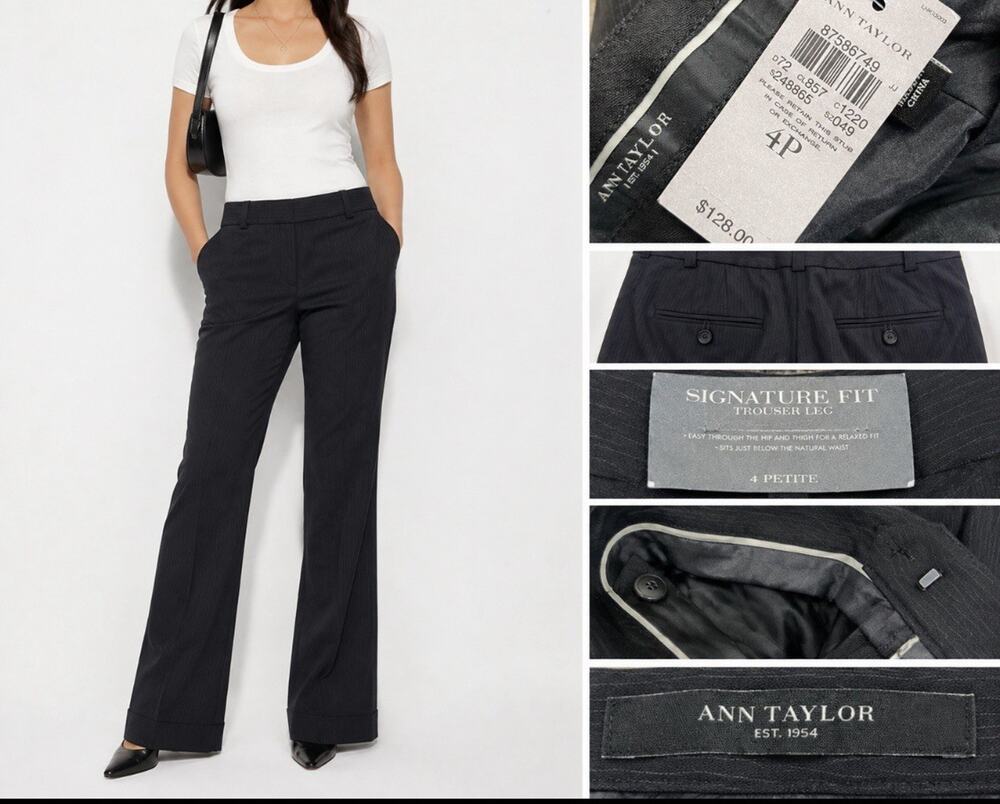 NWT Ann Taylor Signature Fit Trouser Leg Pants Size 4P Navy Pinstripe Wool